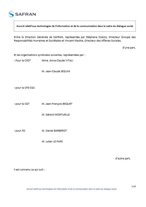 Aperçu : Accord Groupe Safran relatif aux technologies de l’information et de la communication dans le cadre du dialogue social (16 juillet 2024)