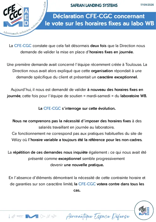 Aperçu : Déclaration CFE-CGC – Vote sur les horaires fixes au labo WB (17 septembre 2026)